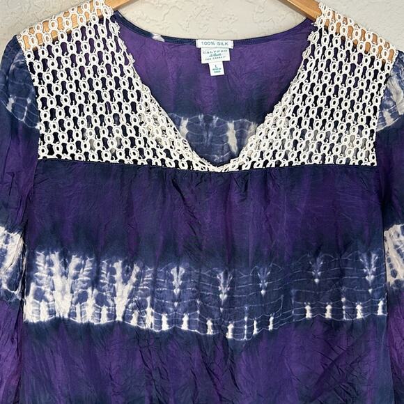 Calypso St Barth Target 100% Silk Purple Blue Tie Dye Blouse Crochet Resortwear - Picture 5 of 8